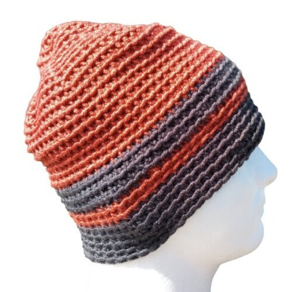Handmade Other - Men's Beanie Hat Handmade Rust Orange Gray Crochet Boating Hiking Outdoors Sz M